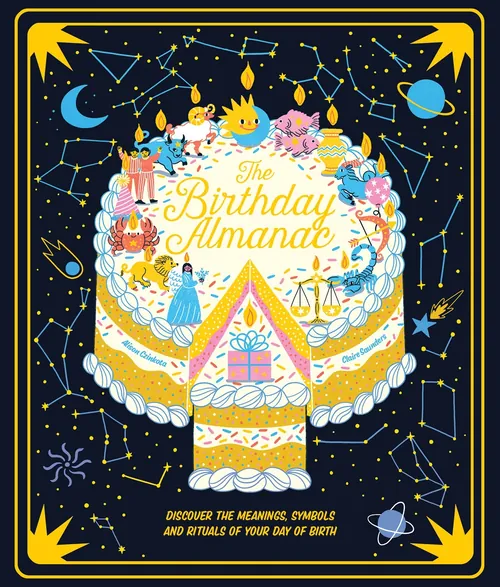 Illustrated birthday cake with zodiac symbols and celestial background by Alison Kerry
