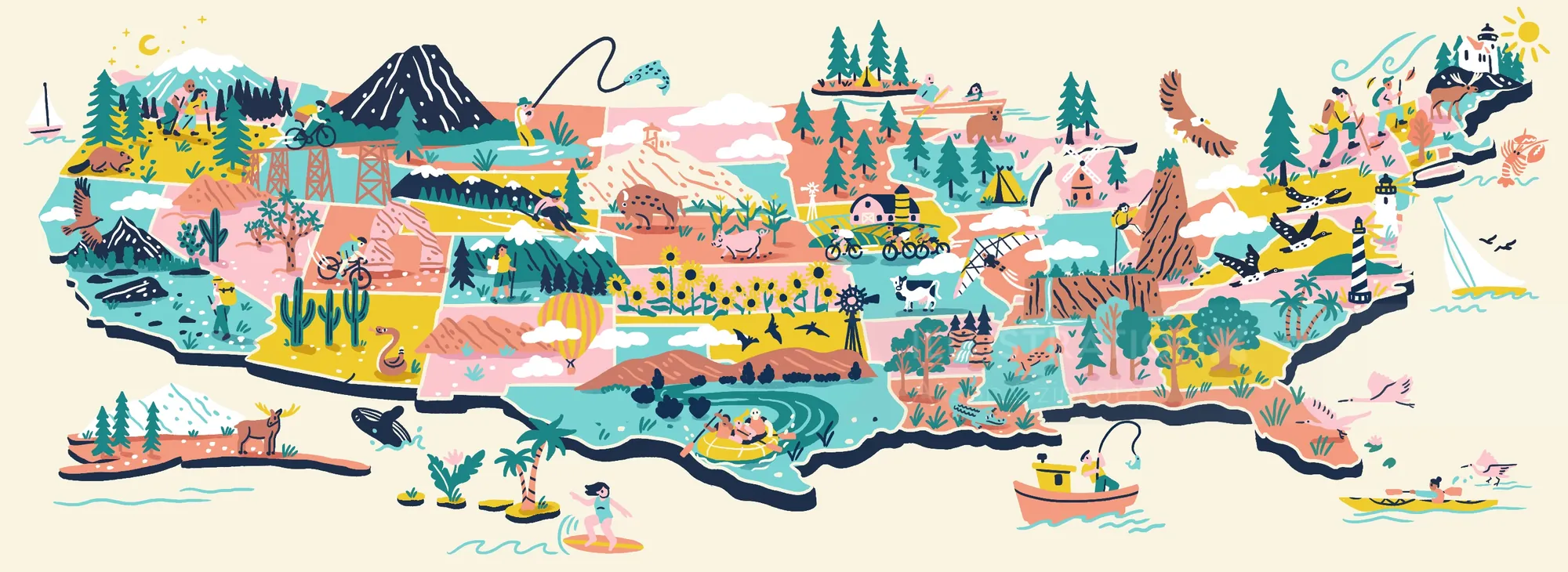Colorful illustrated US map with landmarks and wildlife by Alison Kerry