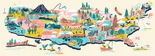 Colorful illustrated US map with landmarks and wildlife by Alison Kerry