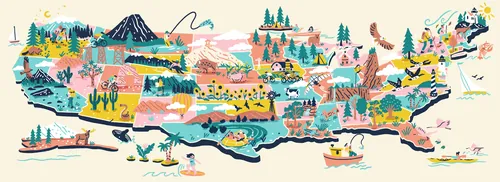 Colorful illustrated US map with landmarks and wildlife by Alison Kerry