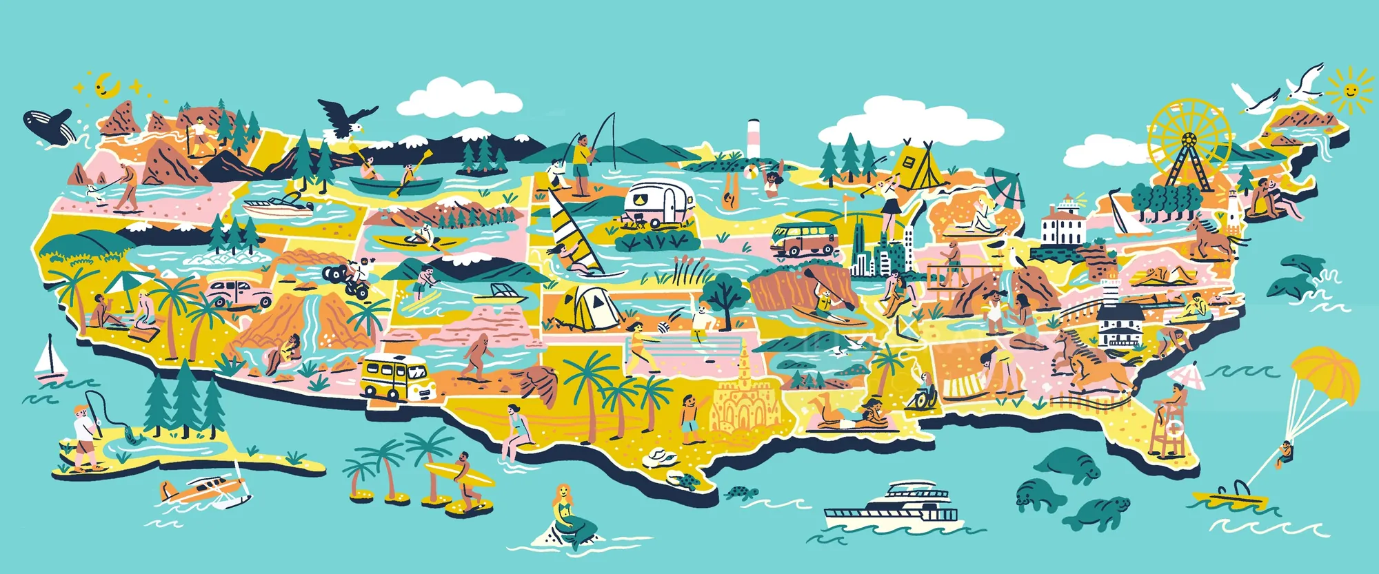 Illustrated map of Caribbean islands with vibrant landmarks and wildlife by Alison Kerry