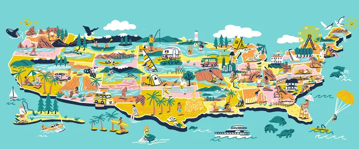 Illustrated map of Caribbean islands with vibrant landmarks and wildlife by Alison Kerry