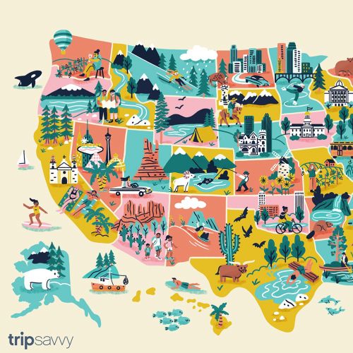 Illustrated United States map with landmarks and wildlife by Alison Kerry