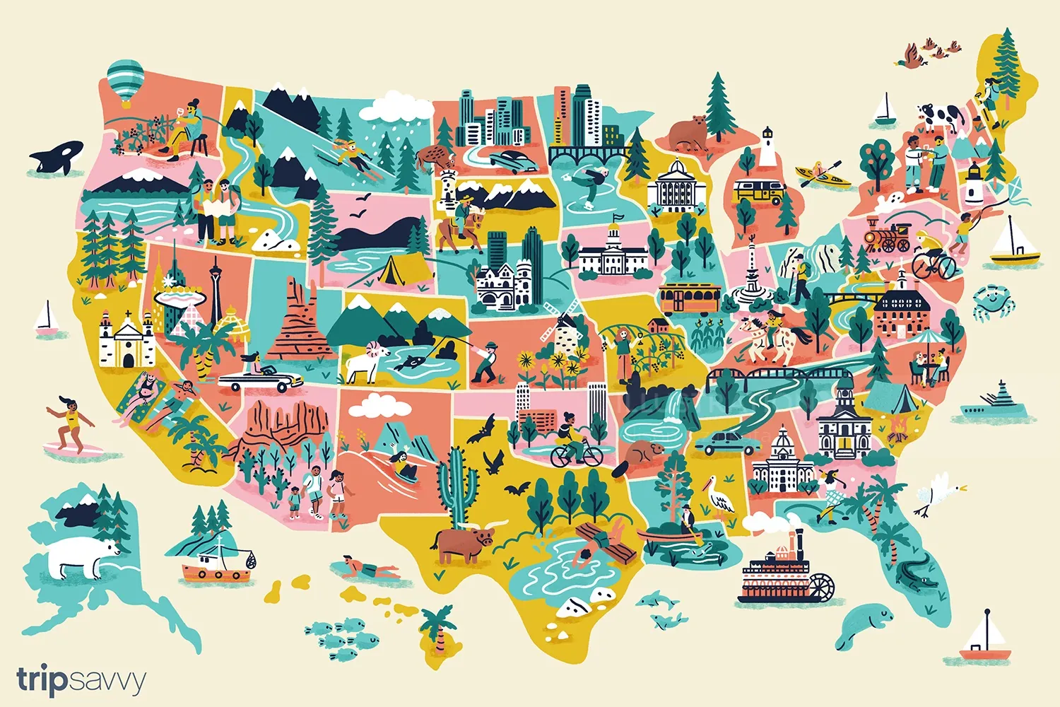 Illustrated United States map with landmarks and wildlife by Alison Kerry