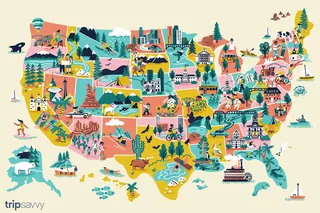 Illustrated United States map with landmarks and wildlife by Alison Kerry