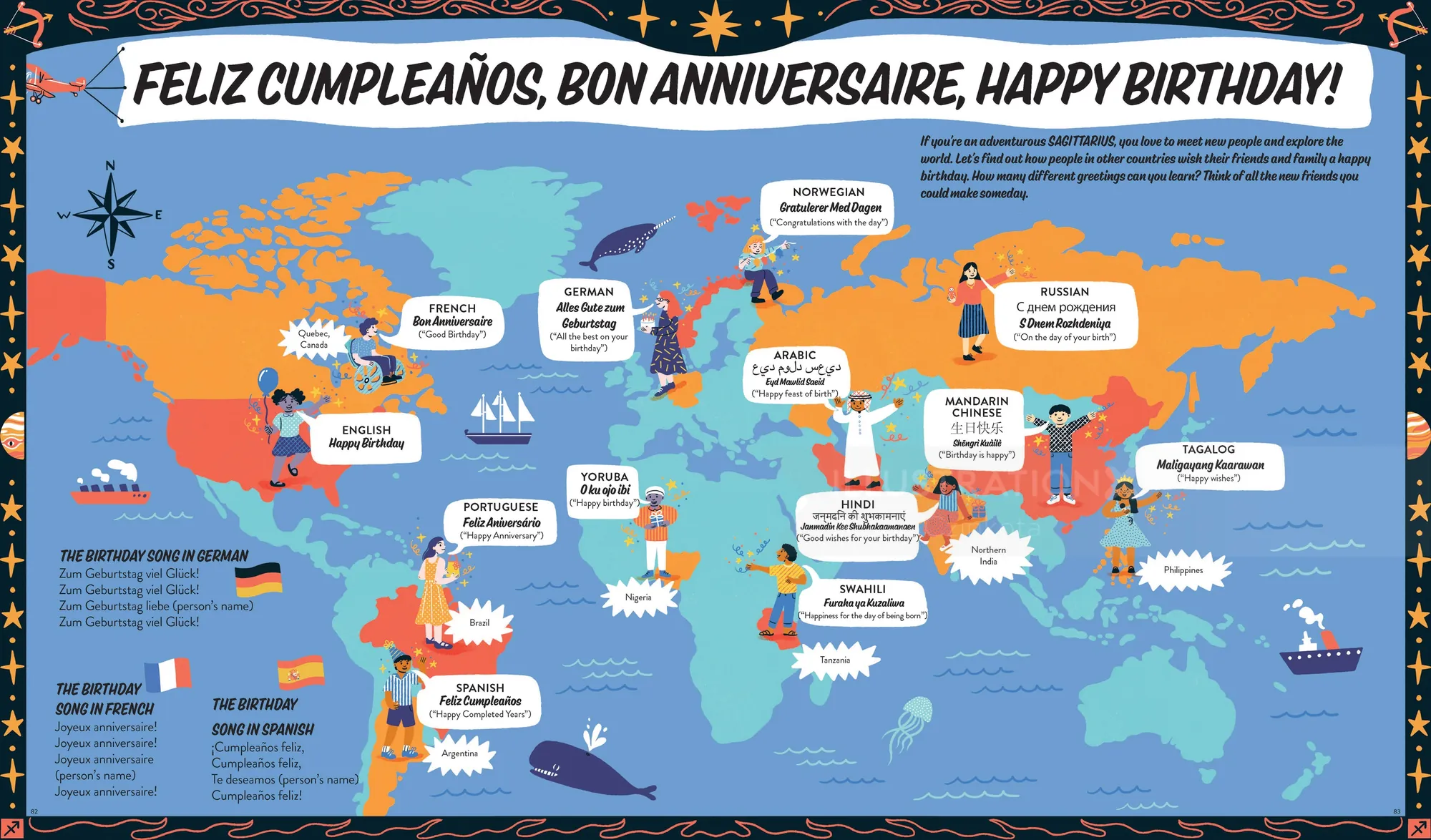 Colorful world map with birthday greetings in multiple languages by Alison Kerry