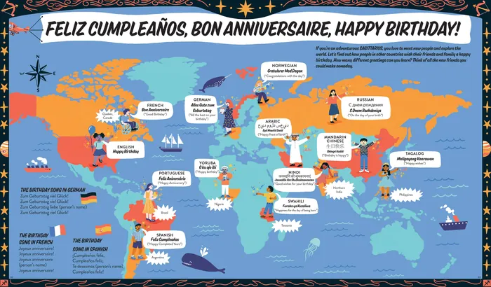 Colorful world map with birthday greetings in multiple languages by Alison Kerry