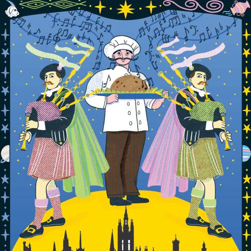 January scene with bagpipe players and baker holding bread by Alison Kerry