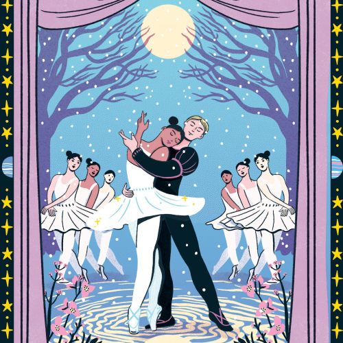 Ballet dancers performing under a full moon, illustration by Alison Kerry