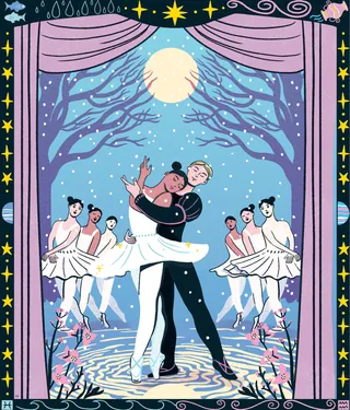 Ballet dancers performing under a full moon, illustration by Alison Kerry