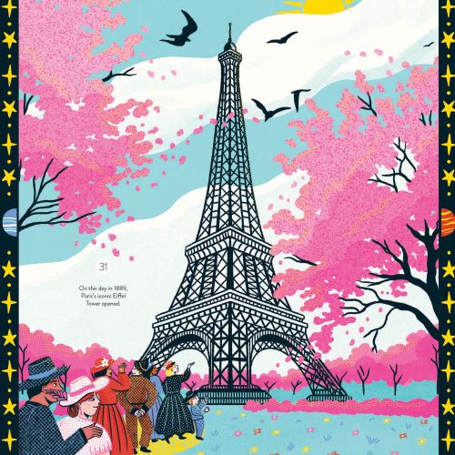 Illustration of Eiffel Tower surrounded by pink cherry blossoms by Alison Kerry