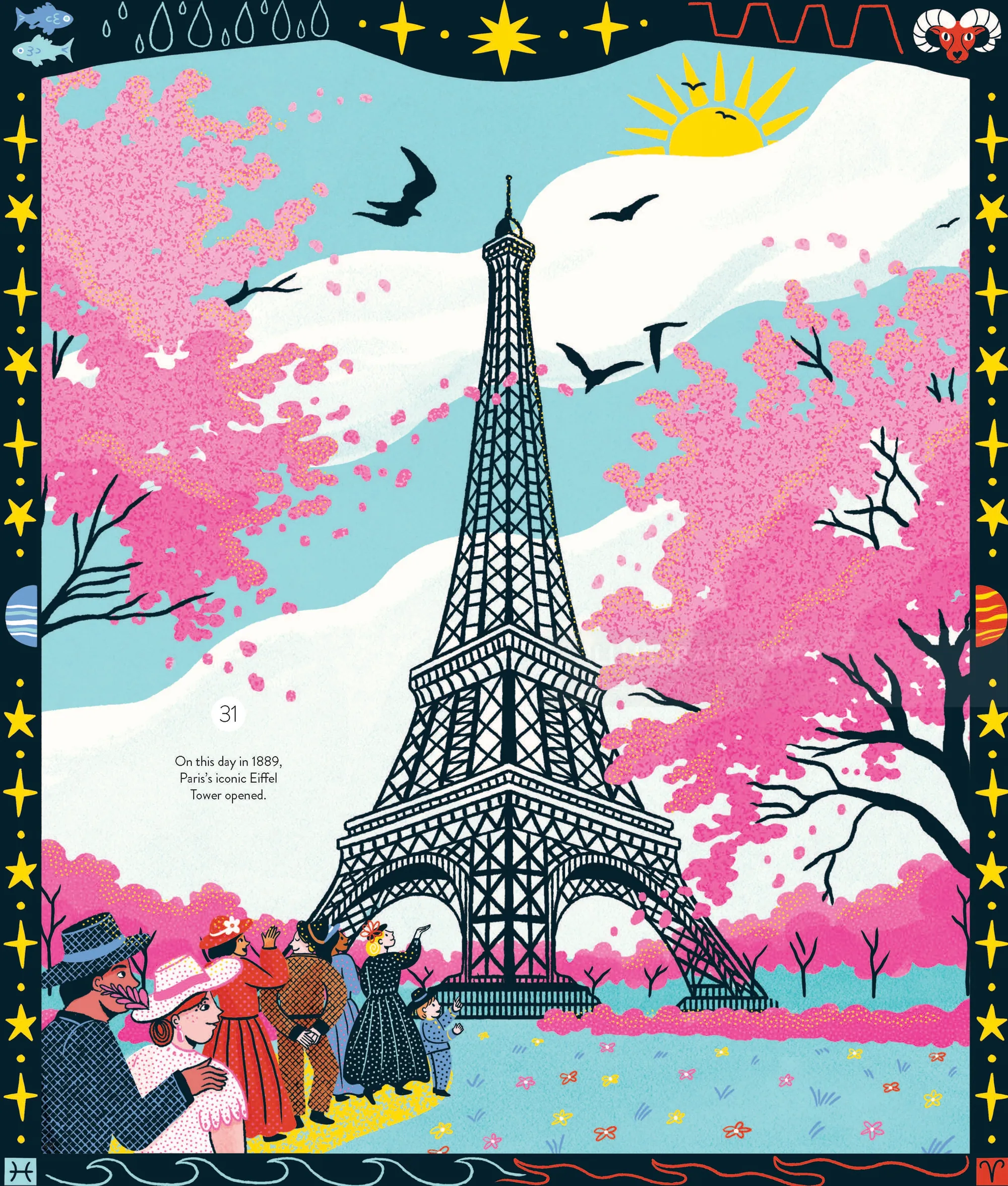 Illustration of Eiffel Tower surrounded by pink cherry blossoms by Alison Kerry