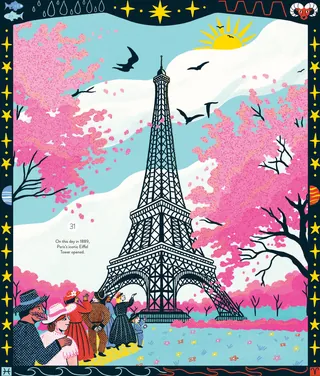 Illustration of Eiffel Tower surrounded by pink cherry blossoms by Alison Kerry