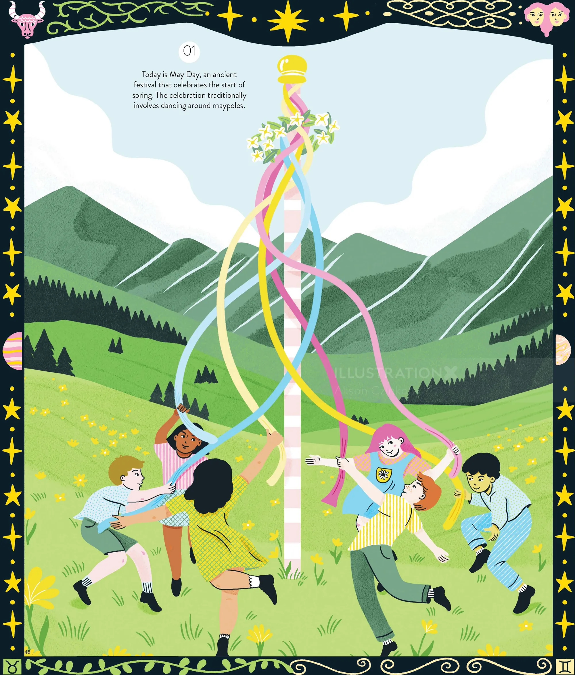 Children dancing around a maypole in a green field by Alison Kerry