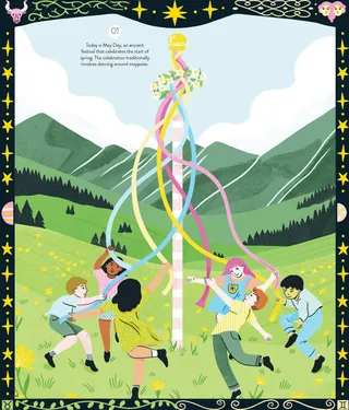 Children dancing around a maypole in a green field by Alison Kerry