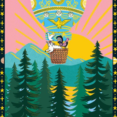 Colorful hot air balloon floating above pine forest at sunrise by Alison Kerry