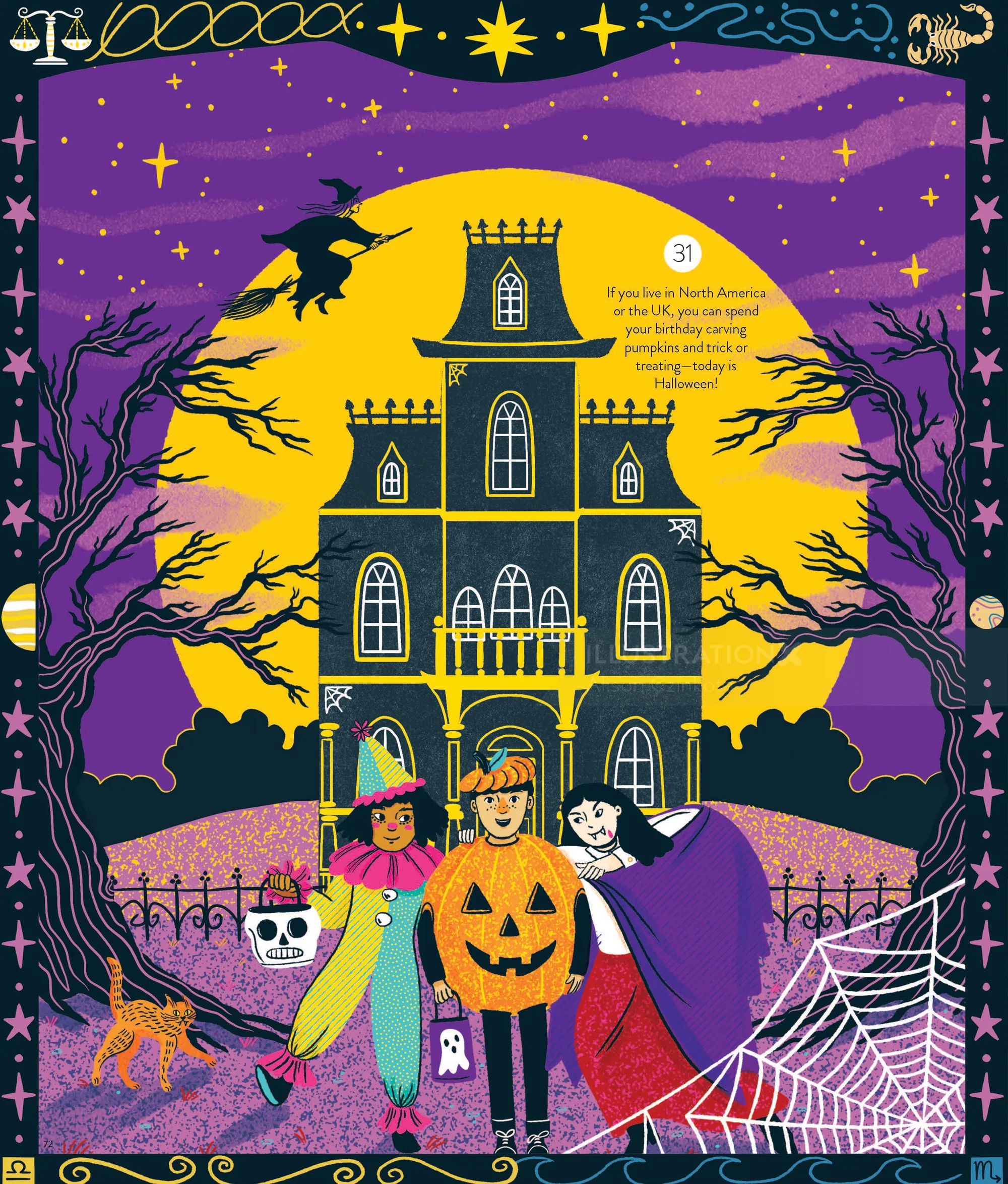 Halloween scene with children in costumes by haunted house by Alison Kerry
