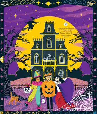 Halloween scene with children in costumes by haunted house by Alison Kerry