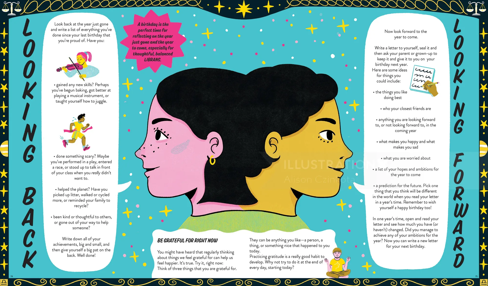Gemini zodiac sign illustration showing two faces by Alison Kerry
