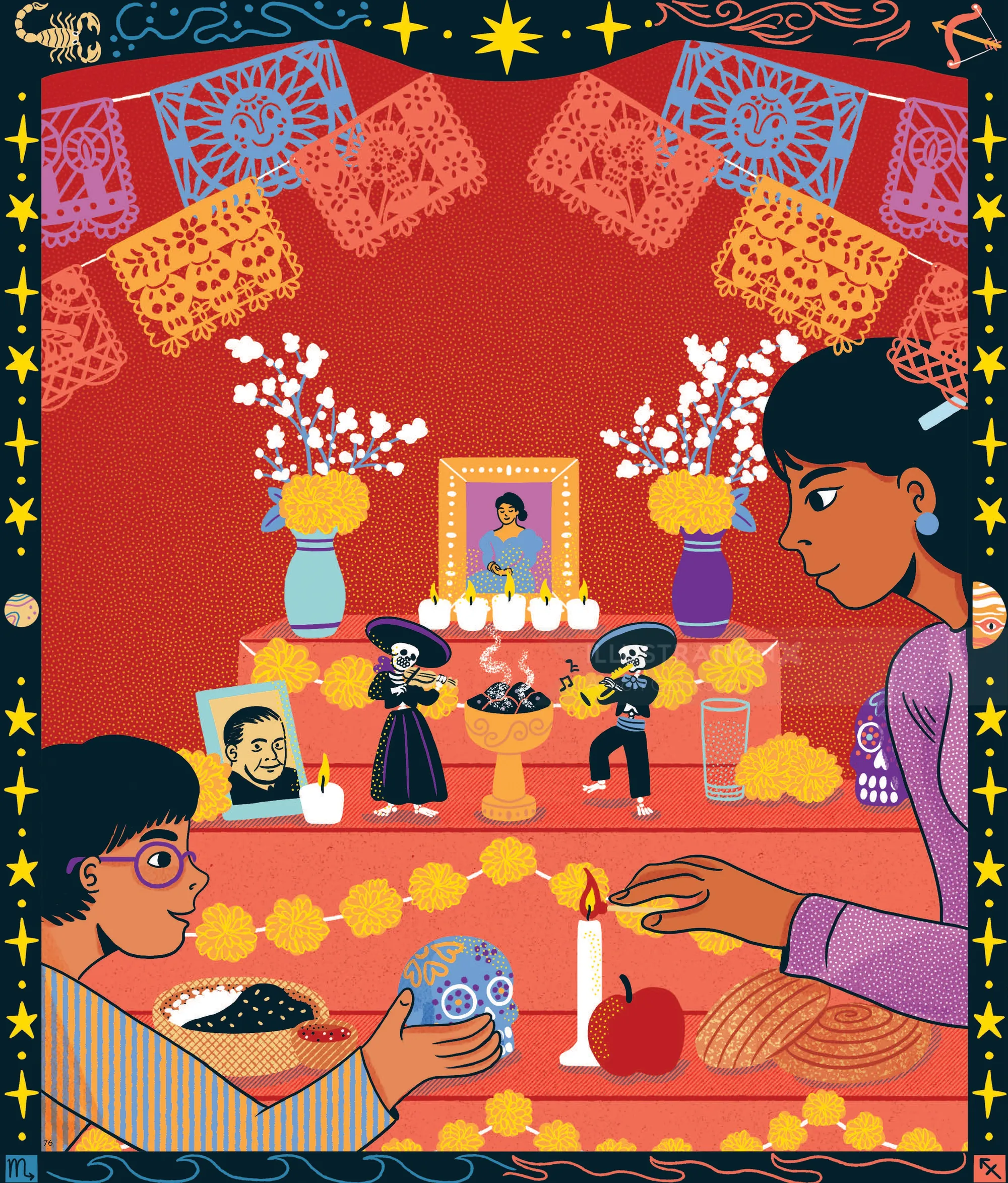 Two people arranging a colorful Day of the Dead altar, illustrated by Alison Kerry