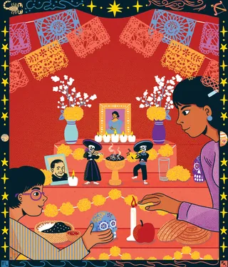 Two people arranging a colorful Day of the Dead altar, illustrated by Alison Kerry