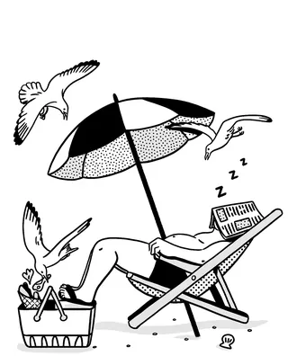 Person lounging under beach umbrella with seagulls and reading newspaper by Alison Kerry