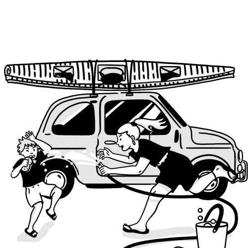 Woman washing vintage car while child plays nearby by Alison Kerry