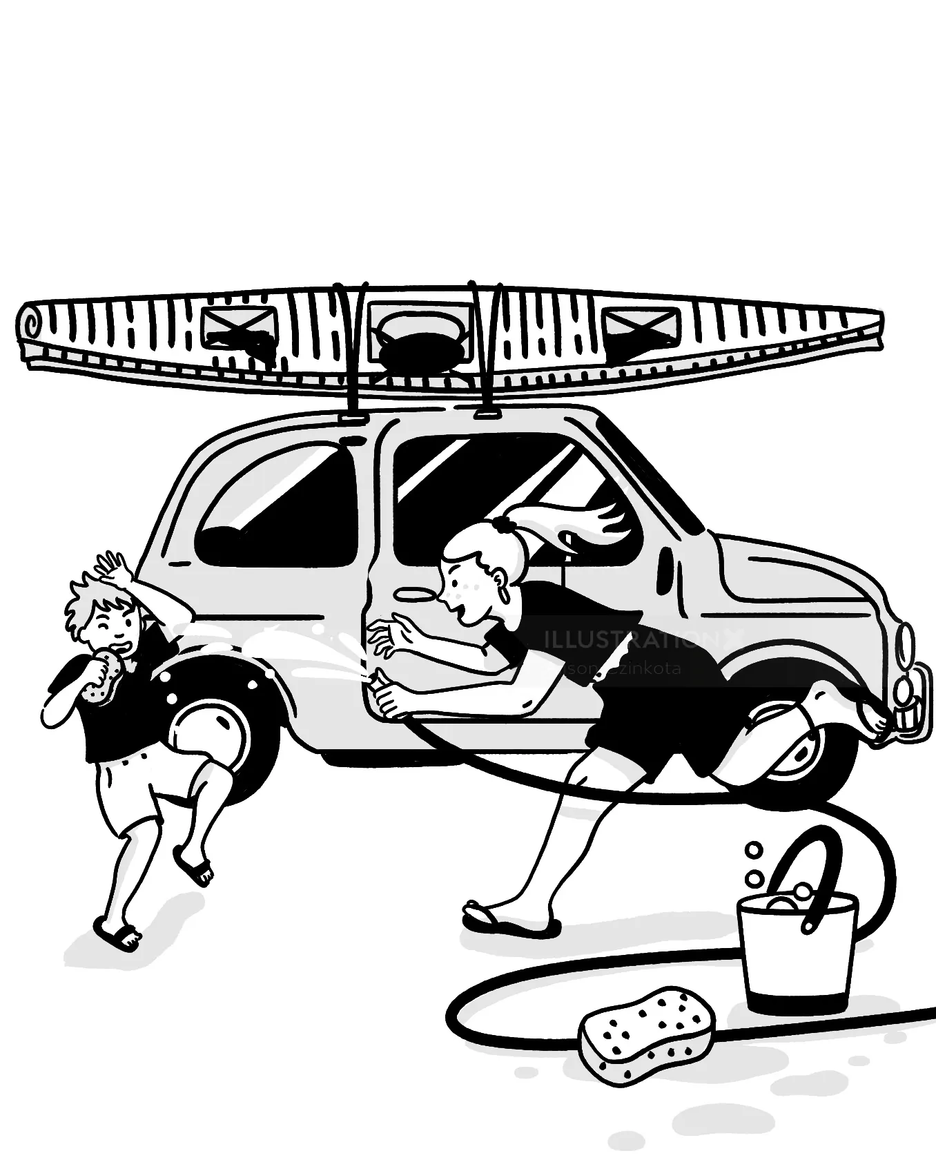 Woman washing vintage car while child plays nearby by Alison Kerry