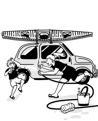 Woman washing vintage car while child plays nearby by Alison Kerry