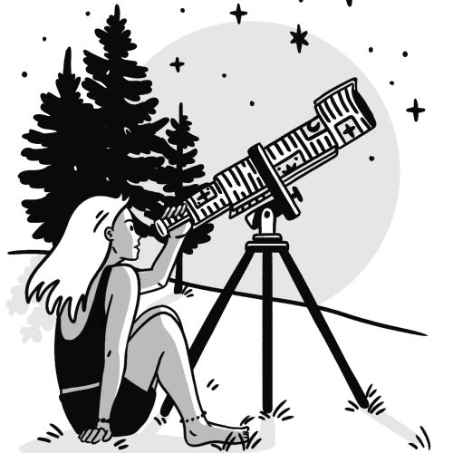 Woman looking through a telescope at stars in night sky by Alison Kerry