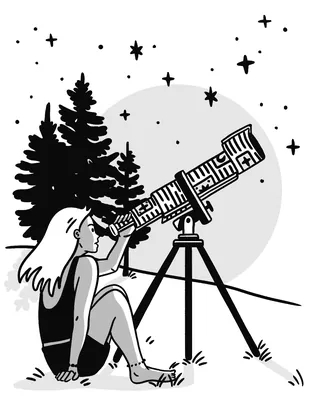 Woman looking through a telescope at stars in night sky by Alison Kerry