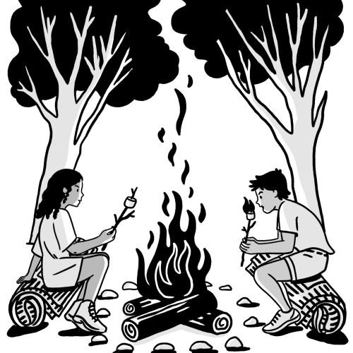 Two people roasting marshmallows over a campfire between trees by Alison Kerry