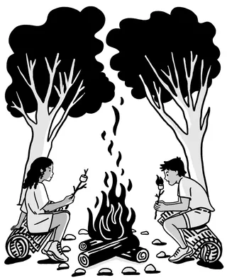 Two people roasting marshmallows over a campfire between trees by Alison Kerry