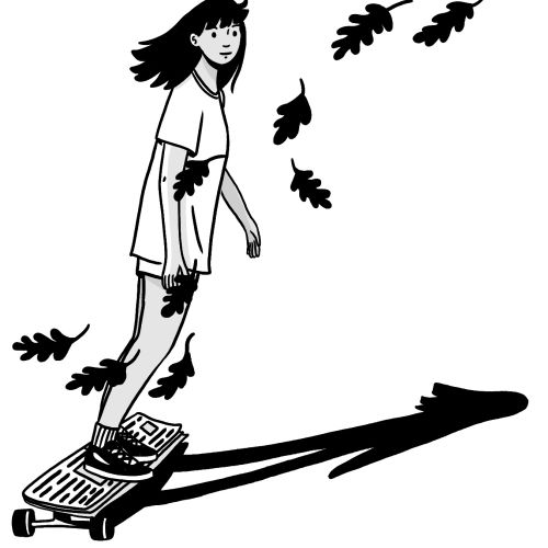 Girl on a hoverboard with falling autumn leaves by Alison Kerry