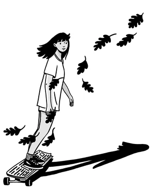 Girl on a hoverboard with falling autumn leaves by Alison Kerry