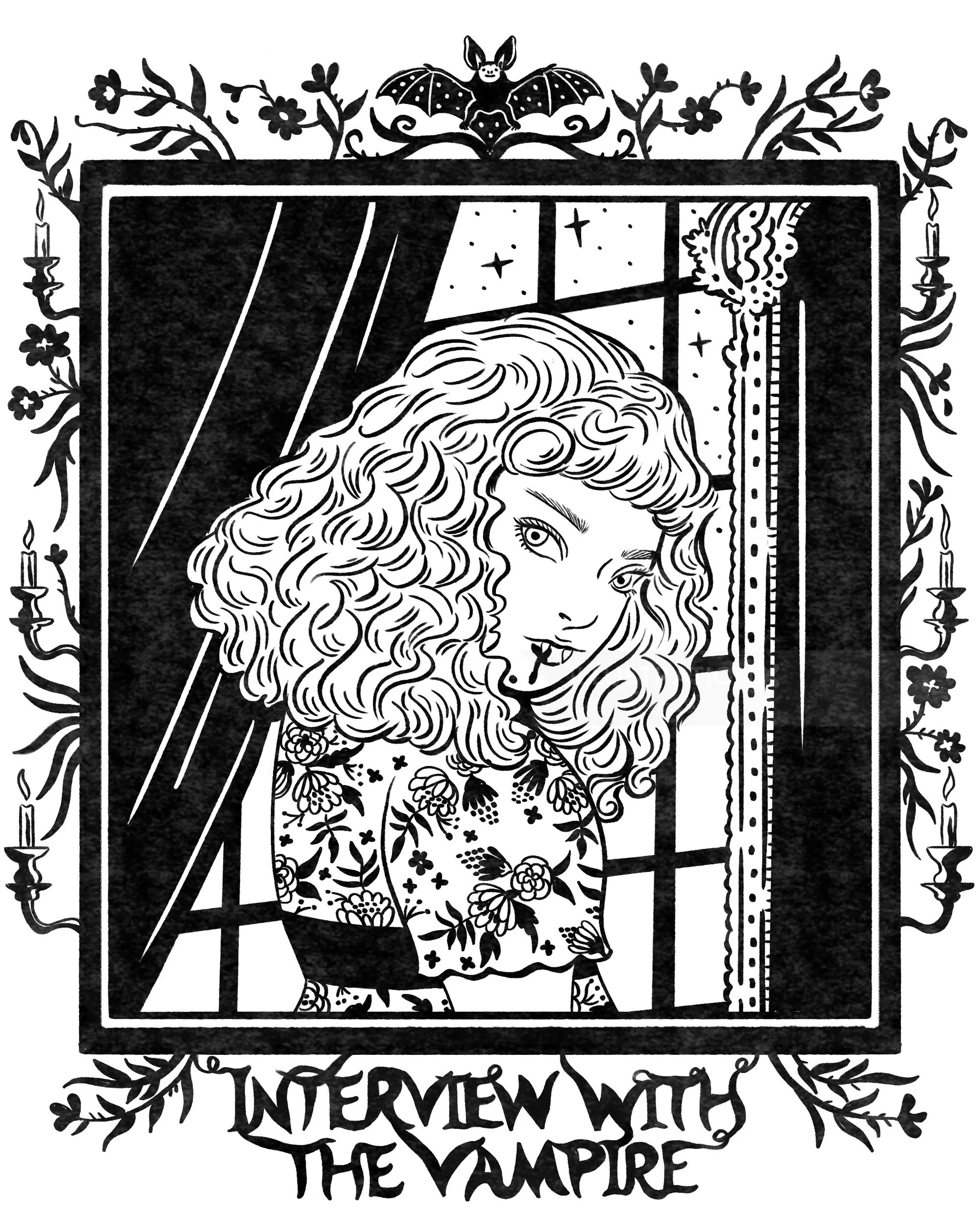 Black and white ink drawing of a woman with curly hair by Alison Kerry