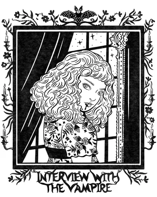 Black and white ink drawing of a woman with curly hair by Alison Kerry