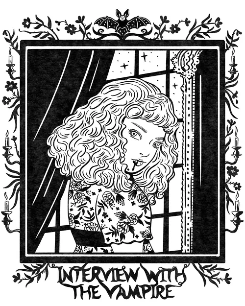 Black and white ink drawing of a woman with curly hair by Alison Kerry