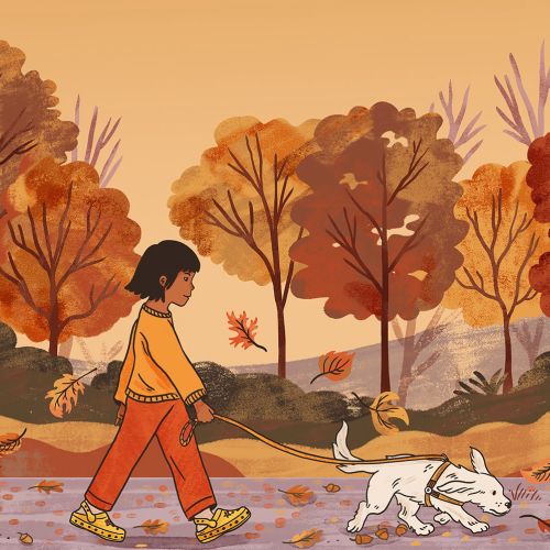 Child walking a white dog along path in autumn trees by Alison Kerry