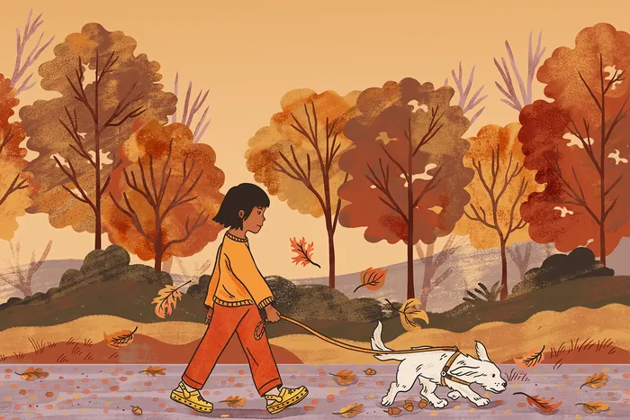 Child walking a white dog along path in autumn trees by Alison Kerry