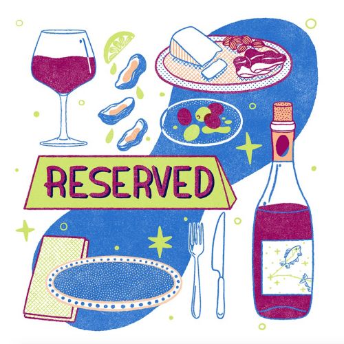 Illustration of a reserved table setting with wine, oysters, and plates by Alison Kerry