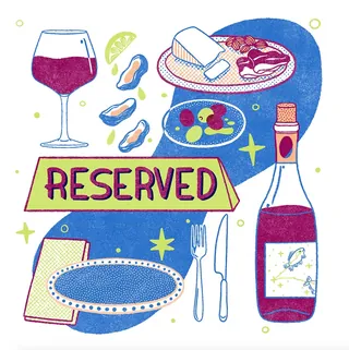 Illustration of a reserved table setting with wine, oysters, and plates by Alison Kerry