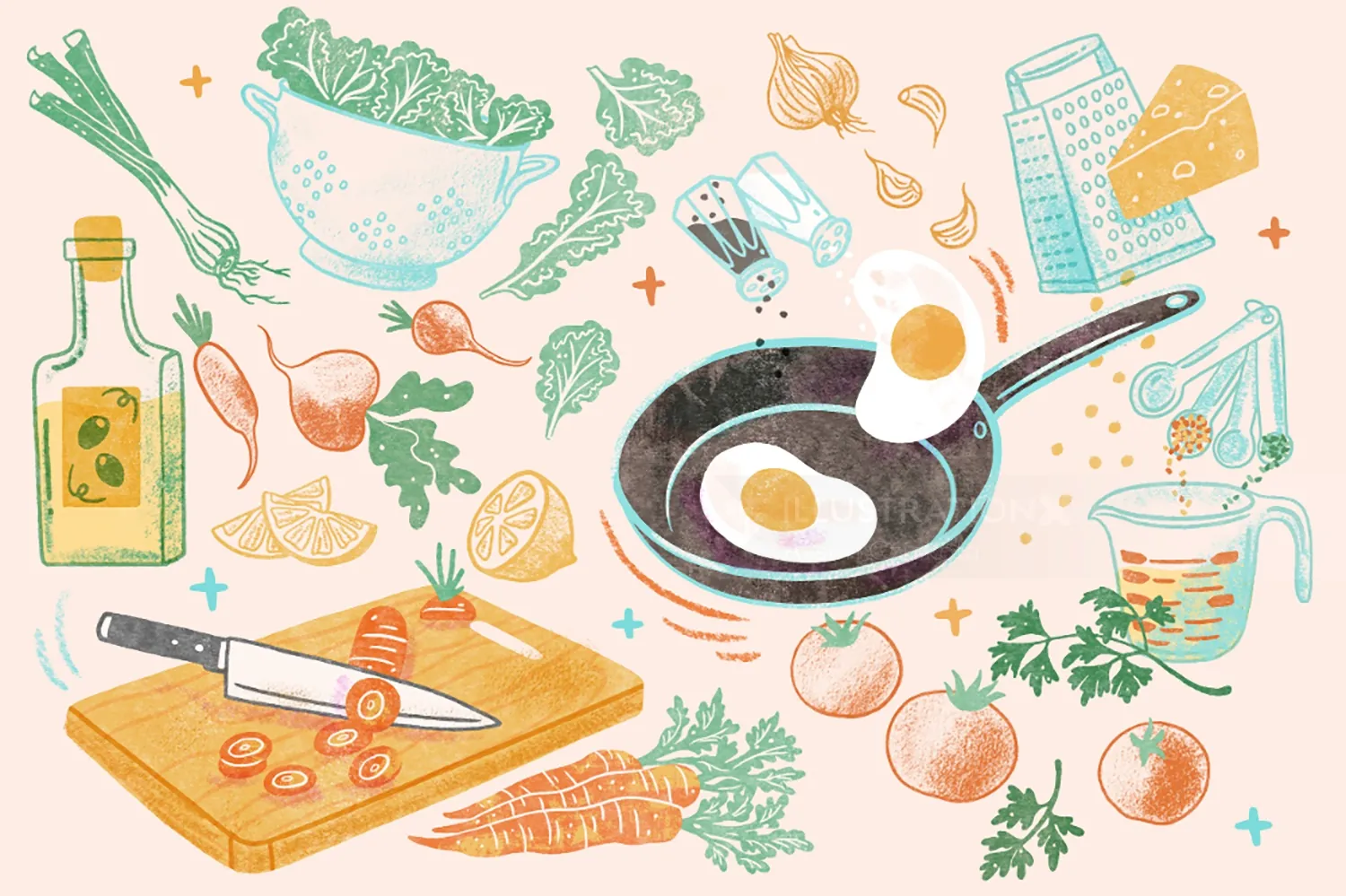 Illustration of cooking ingredients and a fried egg by Alison Kerry