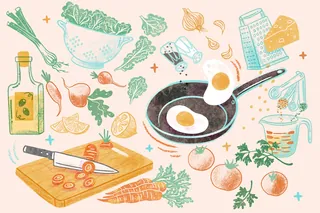 Illustration of cooking ingredients and a fried egg by Alison Kerry