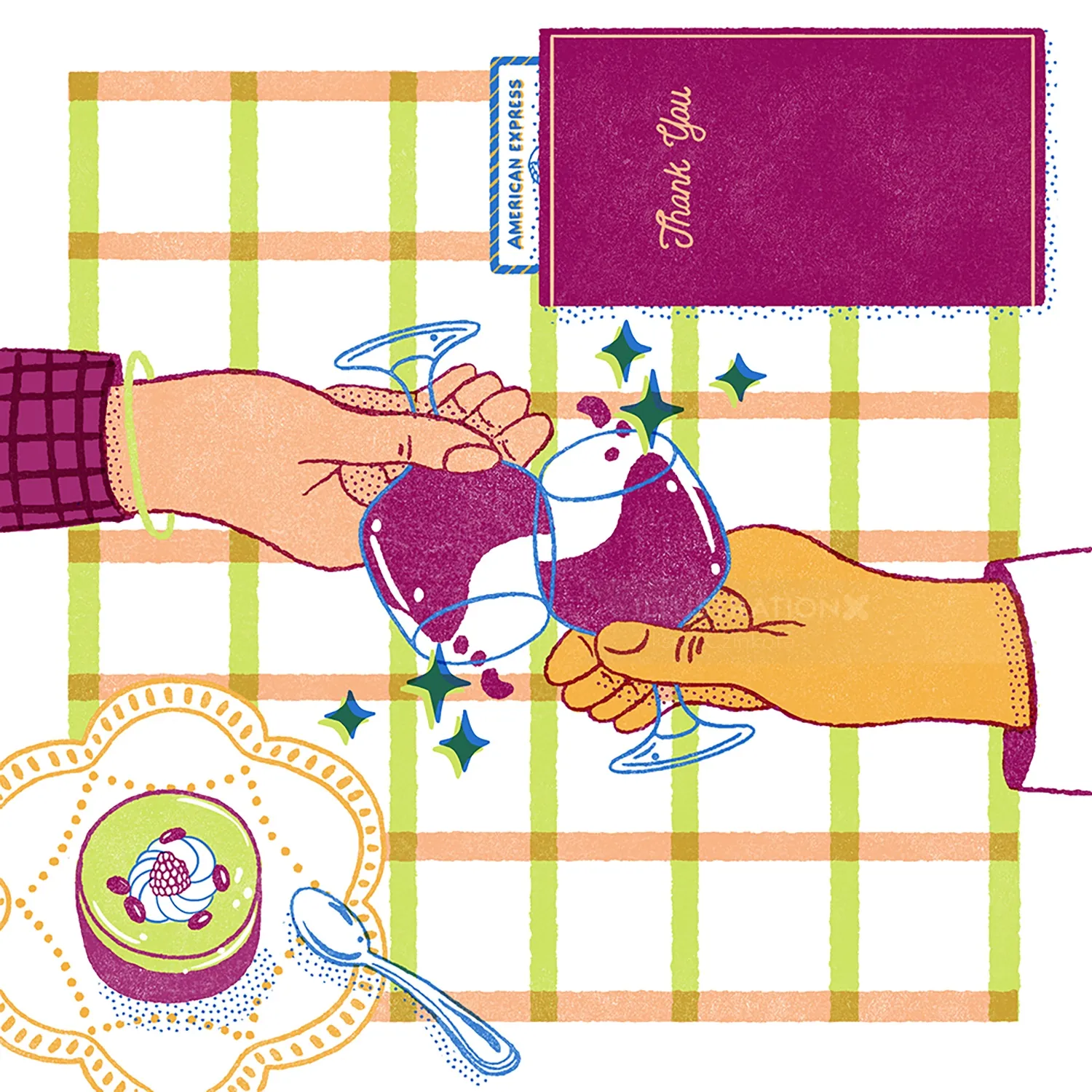 Two hands clinking wine glasses over a checkered tablecloth, illustration by Alison Kerry