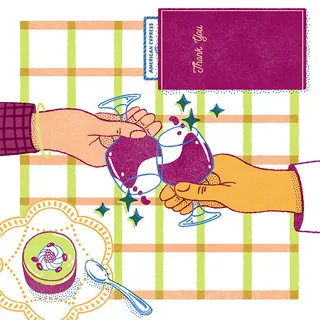 Two hands clinking wine glasses over a checkered tablecloth, illustration by Alison Kerry