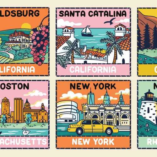 Colorful travel postcards for US and UK destinations by Alison Kerry