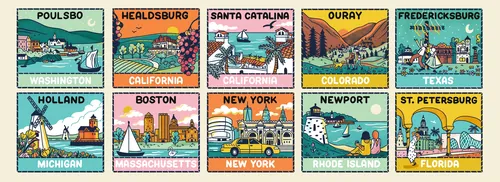 Colorful travel postcards for US and UK destinations by Alison Kerry