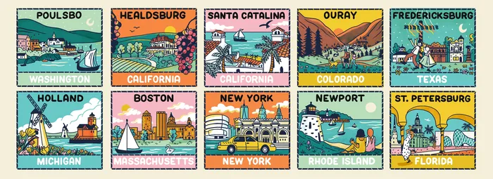 Colorful travel postcards for US and UK destinations by Alison Kerry