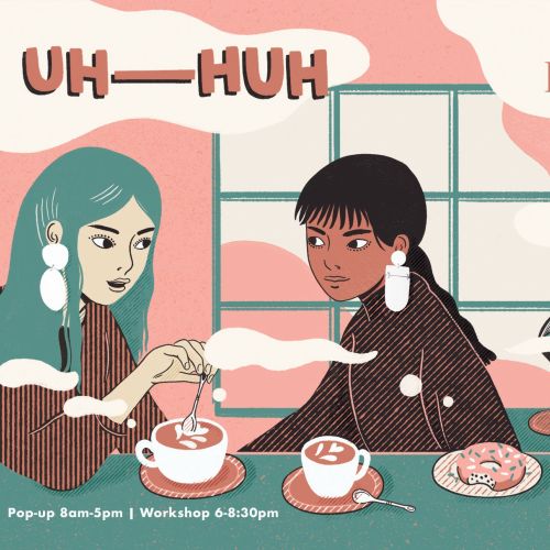 Illustration of three people enjoying coffee at a workshop by Alison Kerry